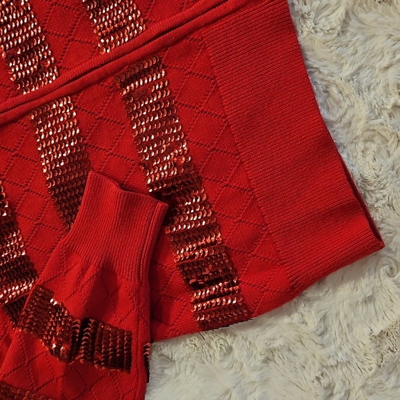Berek Red Sequin Knit Cardigan Sweater Zip Front Long Sleeves Large - Picture 3 of 8
